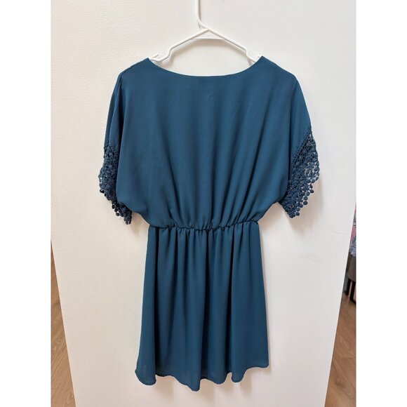 Altar'd State Womens Medium Teal Mini Dress With Crochet Sleeves & Elastic Waist - Picture 4 of 5
